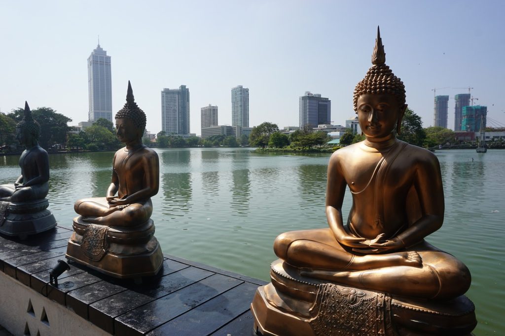 statues, buddha, skyscrapers